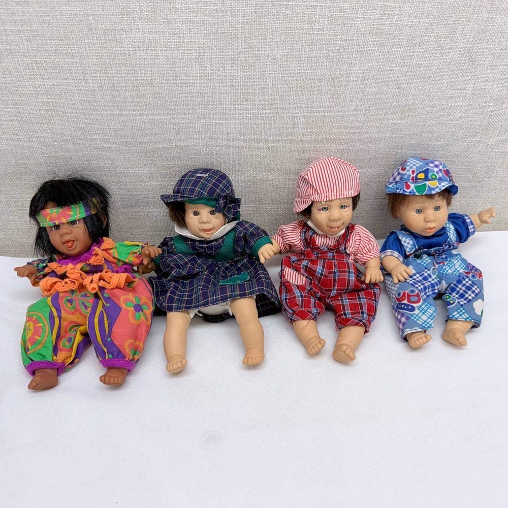 Vintage Set of 4 Small Character Dolls Plaid Overalls Neon Jumpsuit 9in